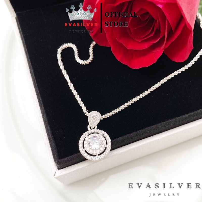Dây chuyền bạc ý Evasilver mặt hình tròn gắn đá sang trọng nữ tính, Vòng cổ bạc S925 mẫu dây xù bền đẹp sáng bóng