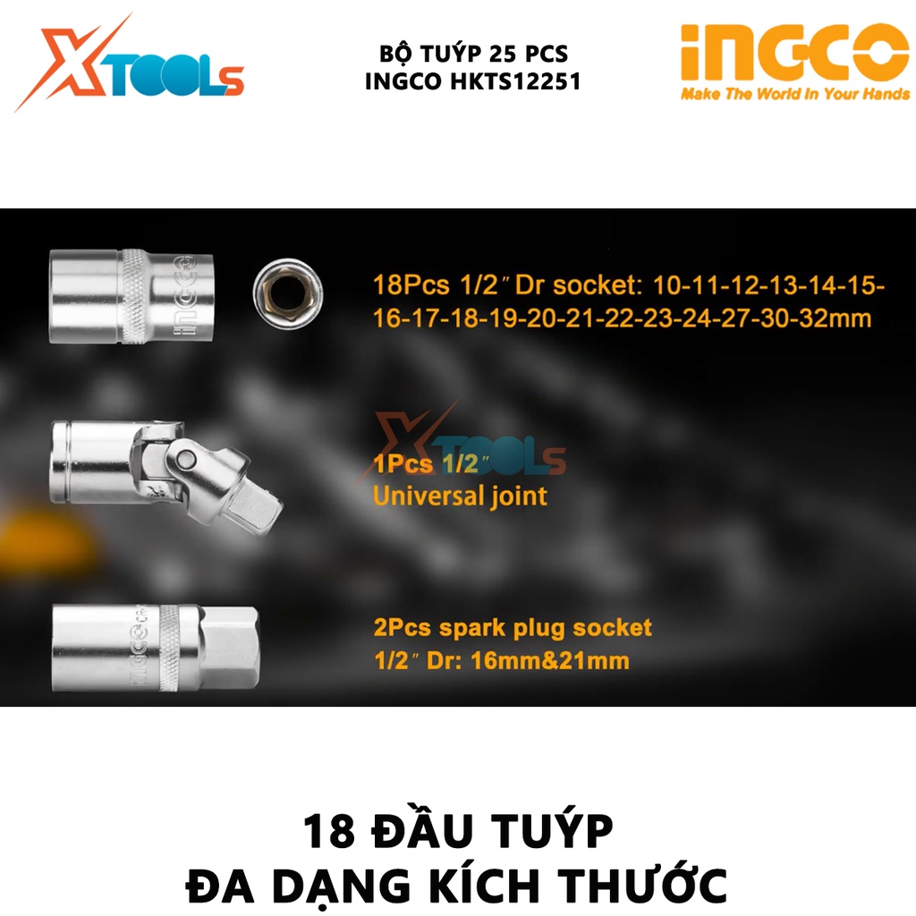 Bộ tuýp 25 chi tiết INGCO HKTS12251 bộ 25 đầu tuýp