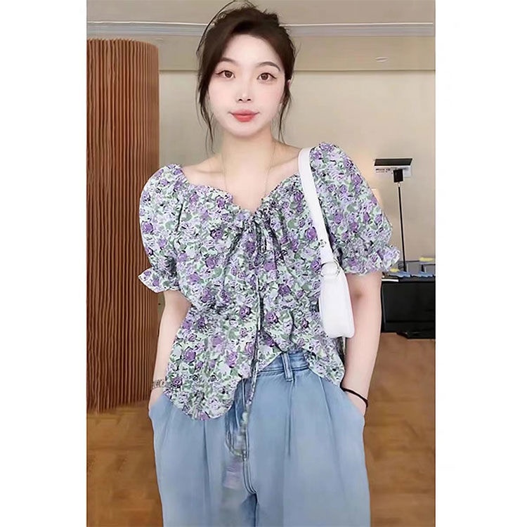 Áo Kiểu Cổ Vuông Tay Phồng In Họa Tiết Hoa Thời Trang Mùa Hè Cỡ Lớn Cho Nữ