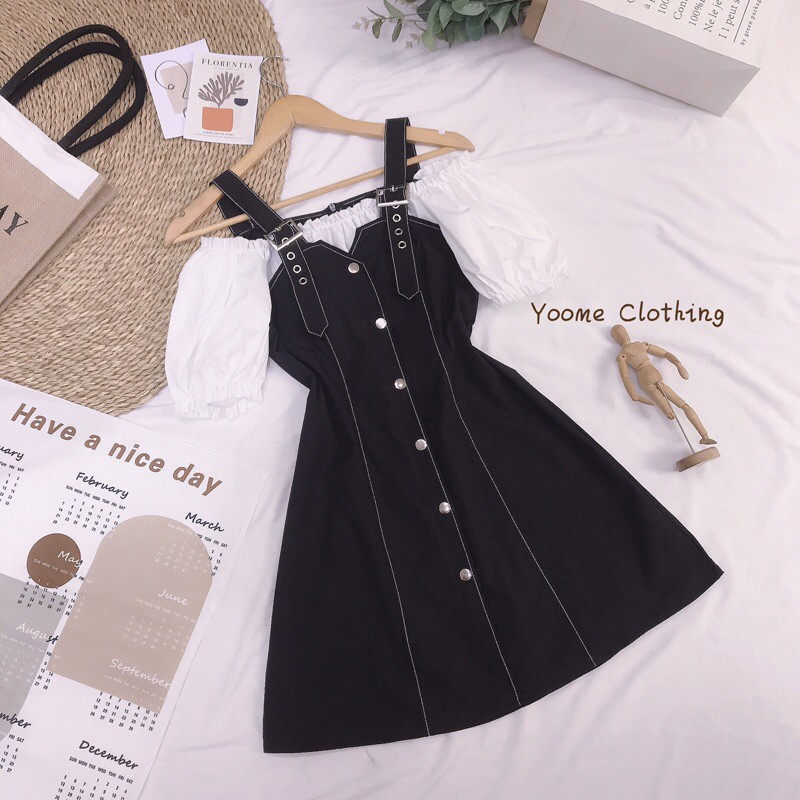 Váy chữ A dáng yếm phối tay trắng cho nữ Yoomeclothing [ ẢNH THẬT SHOP CHỤP]
