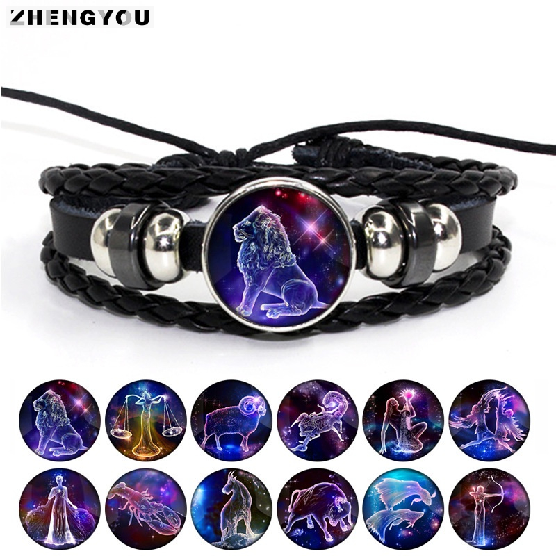 Vòng Tay Da Bện Nhiều Lớp Mặt Hình 12 Cung Hoàng Đạo Thời Trang Cho Nam Nữ