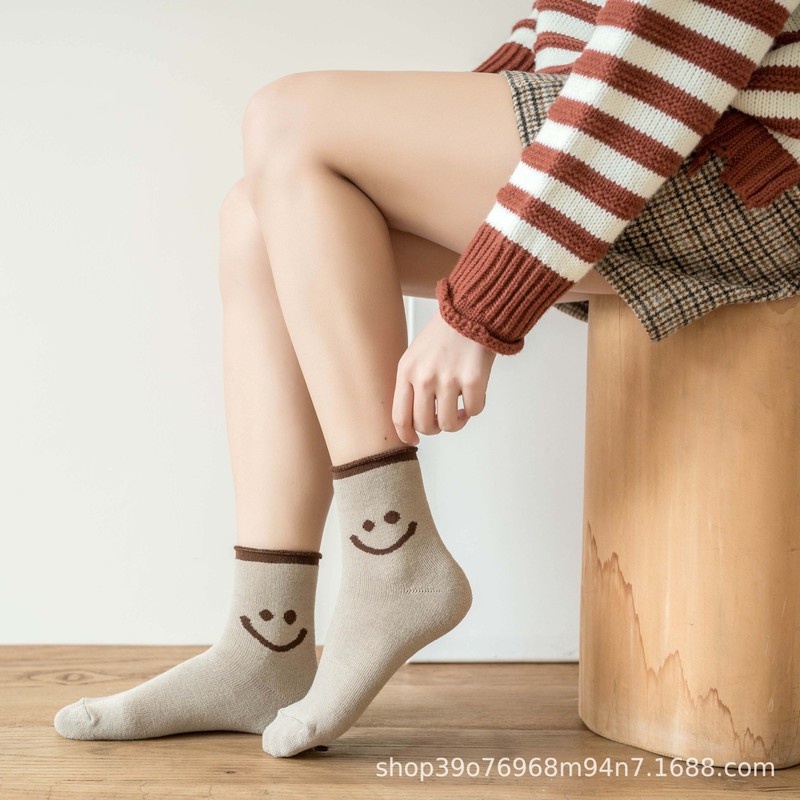 Vớ Cotton Mềm Thoáng Khí In Họa Tiết Mặt Cười Dễ Thương Phong Cách Hàn Quốc Cho Nữ