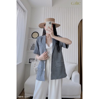 Áo blazer kẻ tay cộc basic cổ V dáng dứng Calie AB018