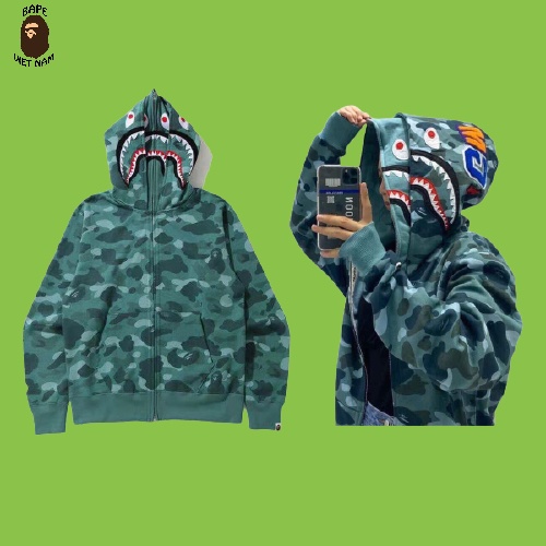 Áo Jacket Bape Shark Camo 2 mũ fullzip, chất Cotton, 2 màu Camo Green, Camo Black Đặt trước 15days BapeVN