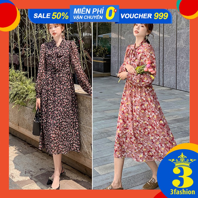 Đầm Maxi Voan Hoa Tay Dài Phối Nơ Trẻ Trung Phong Cách Retrol Hàn Quốc - MSP D10