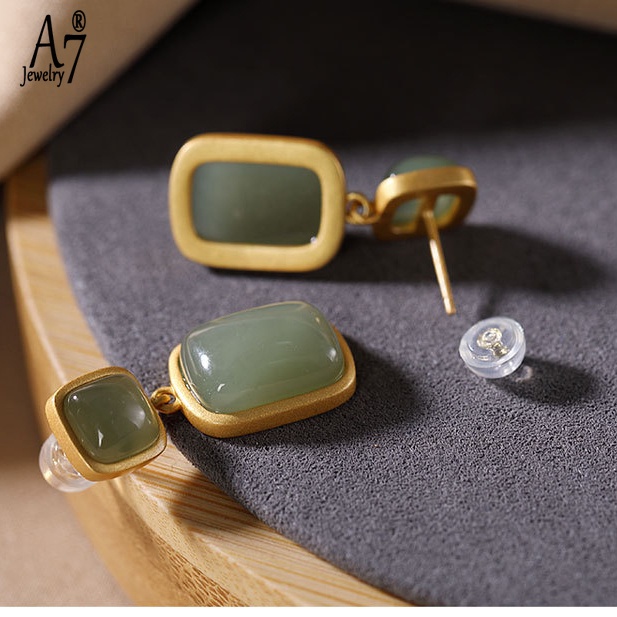 Bông Tai Bạc A7 S925 Đính Đá Ngọc Bích Hình Vuông Thời Trang Cho Nữ