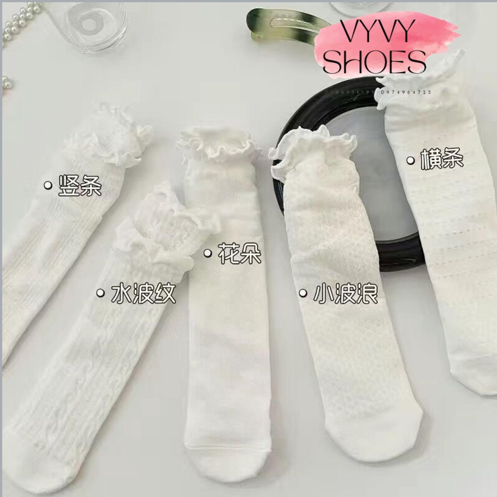 Tất Ren Lolita nữ, sét tất vớ nữ cổ bèo Littlepretty trắng, thêu họa tiết dễ thương