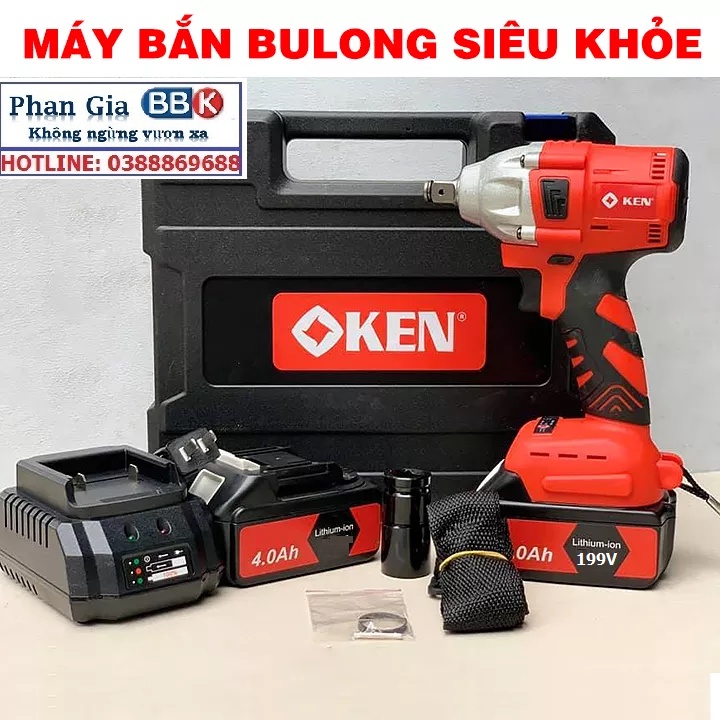 Máy Siết Bulong KEN 199V, Khoan Pin, Bắn Vít, Siết ốc KHÔNG CHỔI THAN, Loại 2 PIN