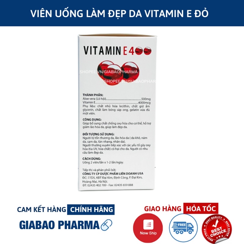 Viên Uống đẹp da Vitamin E Đỏ 4000mcg, Aloe vera 500mg chống lão hóa - Hộp 100 viên chống lão hóa da