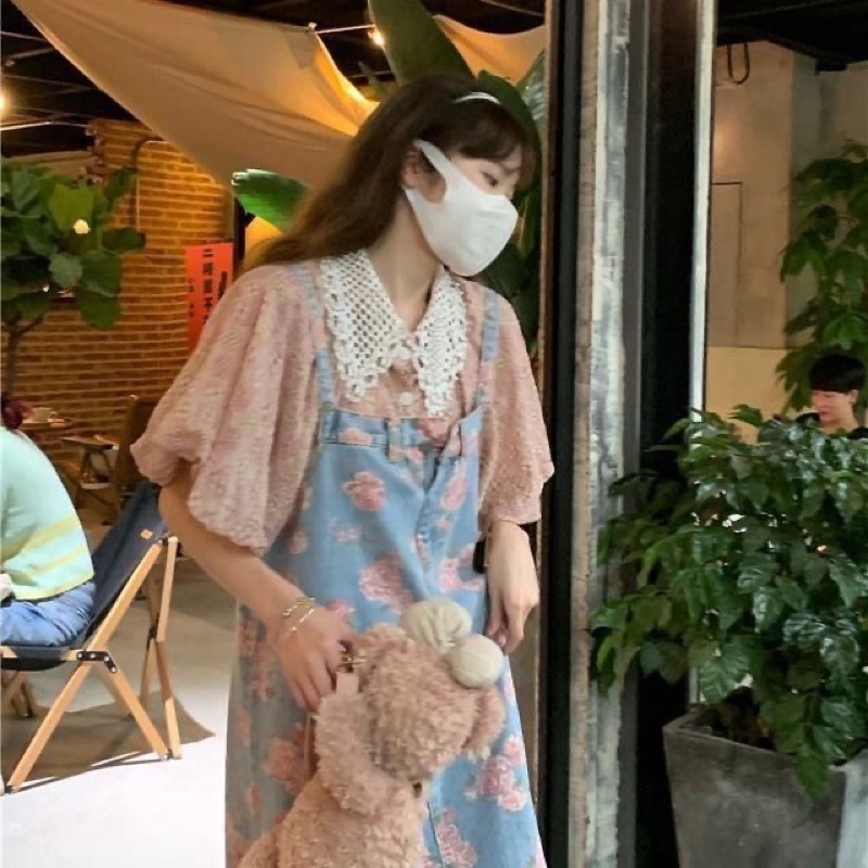 Set Yếm Bò Kèm Áo Sơmi Rời Cổ Đính Ngọc Nữ Tính