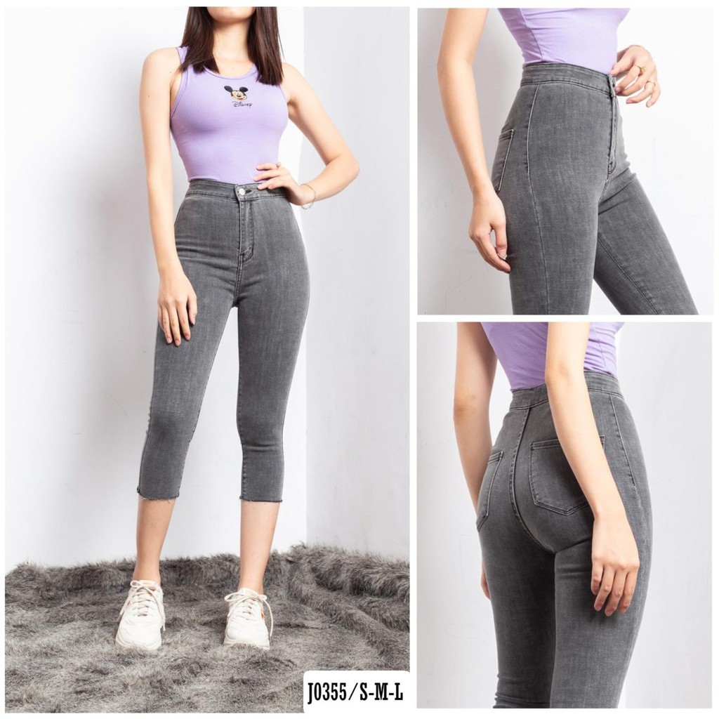Quần Jean Lửng Nữ Màu Xám Cạp Siêu Cao J0355