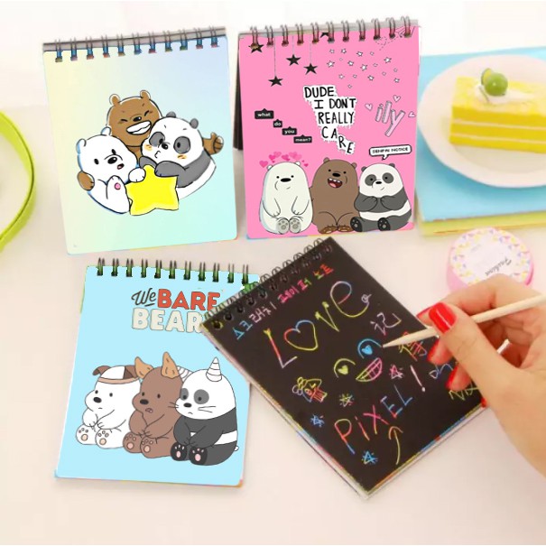 Sổ cào vẽ ba anh em gấu giấy đen SC1 bare bear 14cm *10 cm sổ cào cute dễ thương