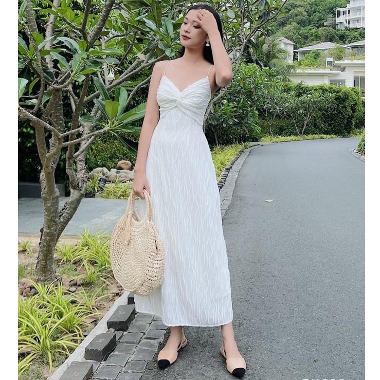 [Ảnh thật] Đầm maxi 2 dây xoắn ngực chất thun gợn sóng siêu xinh