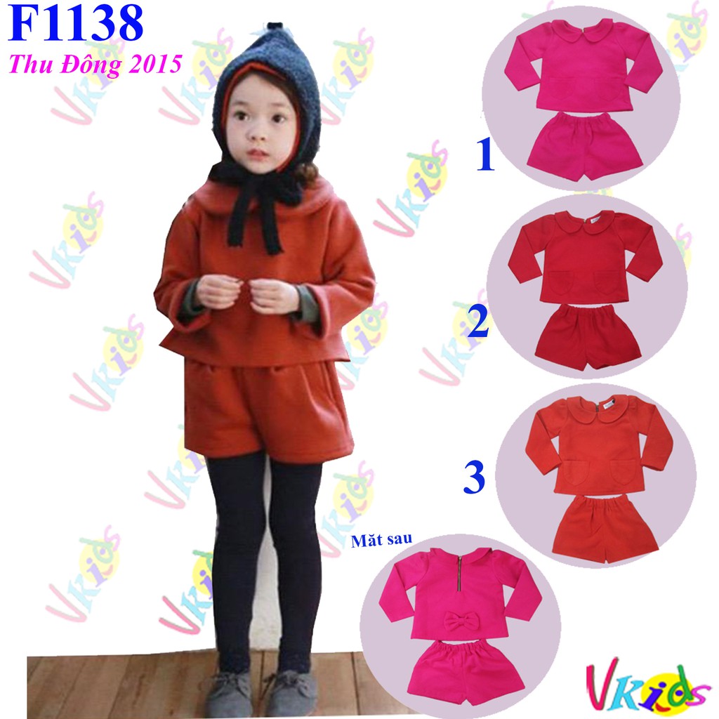 F1138M1- bộ dạ bé gái áo dài tay có khóa + quần đùi có 2 màu đỏ và hồng,hiệu chipikids, size 2-7 cho bé từ 10-23kg