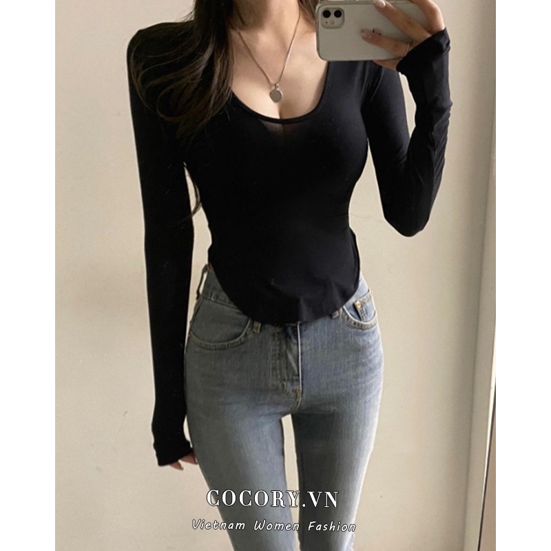 Cocory vn Áo Croptop Tay Dài Cổ Chữ U Màu Trơn Hợp Thời Trang Cho Nữ