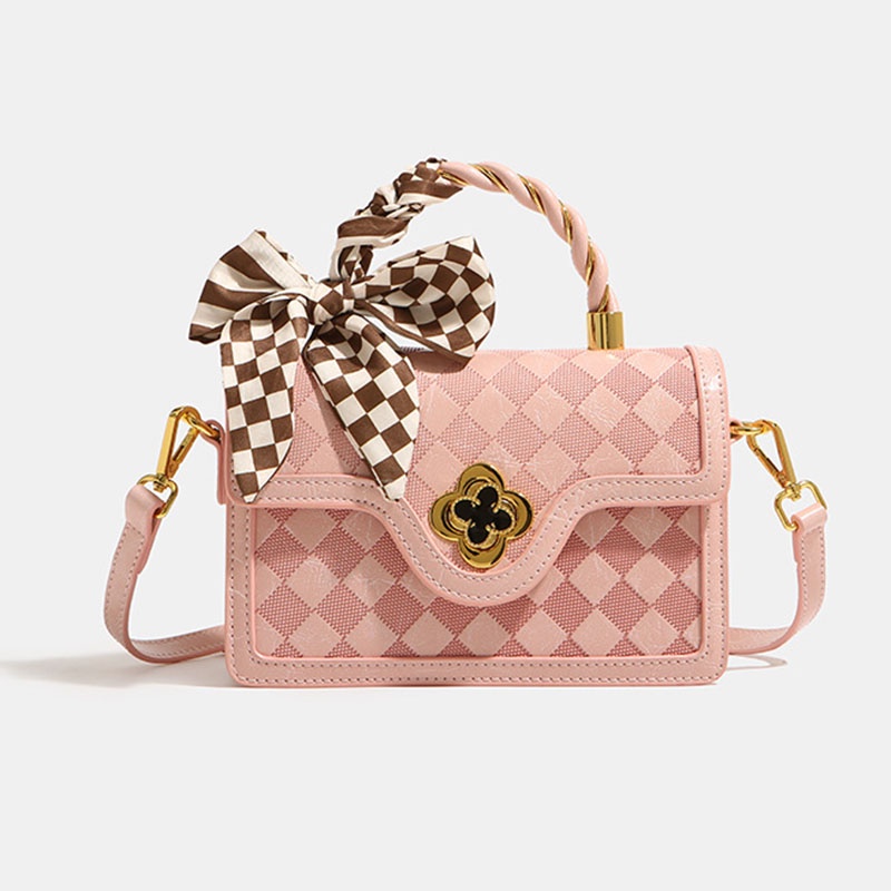 IELGY Niche Túi Xách Đeo Vai Hình Vuông Nhỏ Cầm Tay Họa Tiết Cỏ Bốn Lá Kẻ Sọc Caro