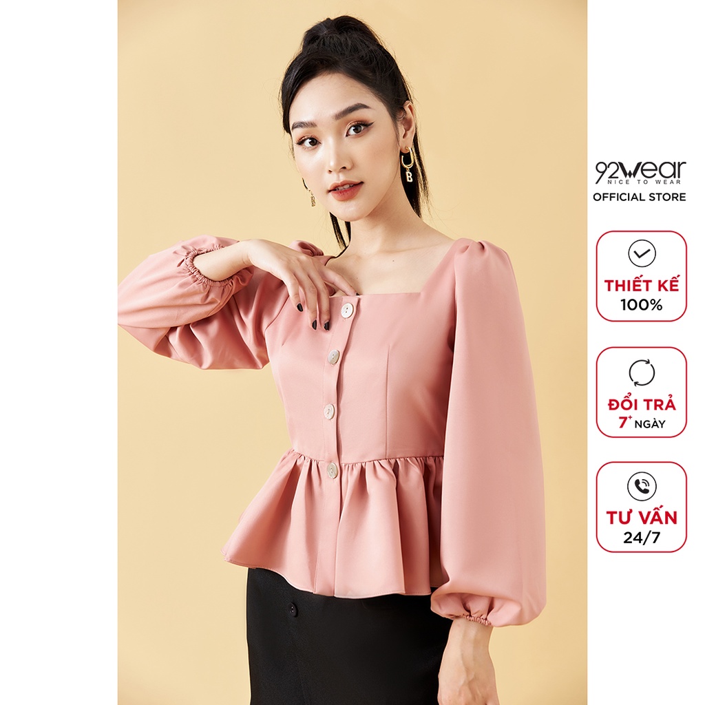Áo sơ mi kiểu nữ babydoll 92WEAR, thiết kế tay bồng trẻ trung, vải tafta cao cấp ASA1622