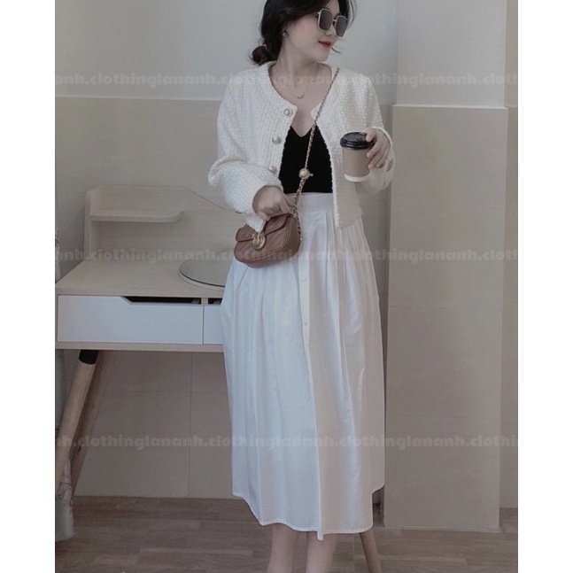 MS462 SET DẠ 3 MÓN : ÁO KHOÁC NÚT + ÁO LÓT ĐEN 2 DÂY + CHÂN VÁY MIDI