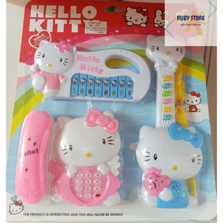 VỈ 3 MÓN ĐÀN ORGAN, ĐÀN GUITAR VÀ ĐIỆN THOẠI BÀN HELLO KITTY (Dùng pin)