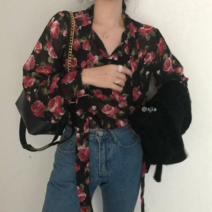 Áo Sơ Mi Voan Hoa Dáng Dài Phong Cách Retro Dành Cho Nữ