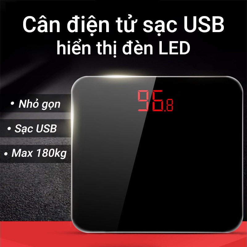 Cân Điện Tử Sạc USB ❤️RẺ VÔ ĐỊCH❤️ Màn Hình LCD Tải Trọng 180kg Mặt Kính Chịu Lực [ Tặng kèm 01 thước dây ]