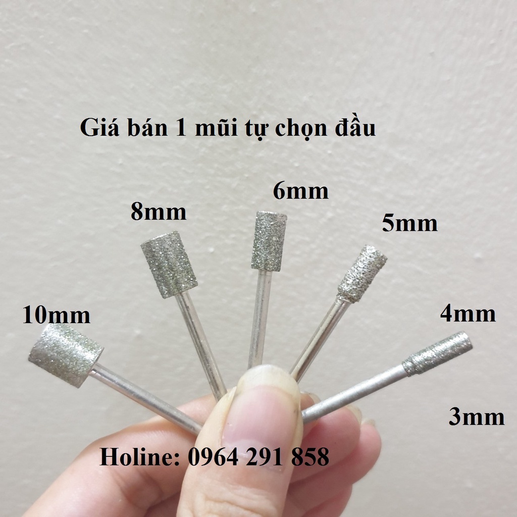 Mũi mài kim cương, mũi mài khắc đá, ngọc, hình trụ 3/4/5/6/8/10mm cán 3mm mũi kim cương hình trụ cán 3mm