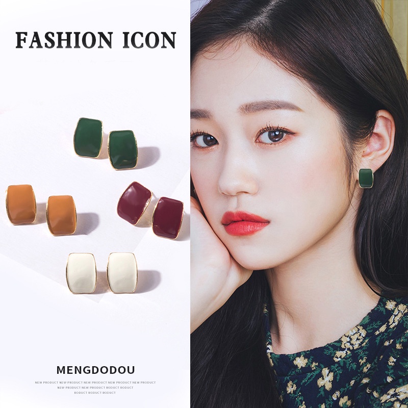 Bông Tai Mạ Bạc 925 Hình Vuông Họa Tiết Hình Học Màu Sắc Retro Phong Cách Pháp
