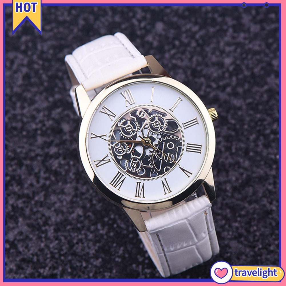 (Travelight) Đồng hồ đeo tay bộ máy quartz mặt hình tròn họa tiết cơ học rỗng dây đeo bằng da giả thời trang cho nam