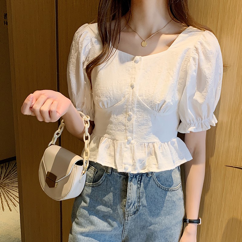 Áo Peplum Màu Trơn Phối Bèo Phong Cách Hàn Quốc