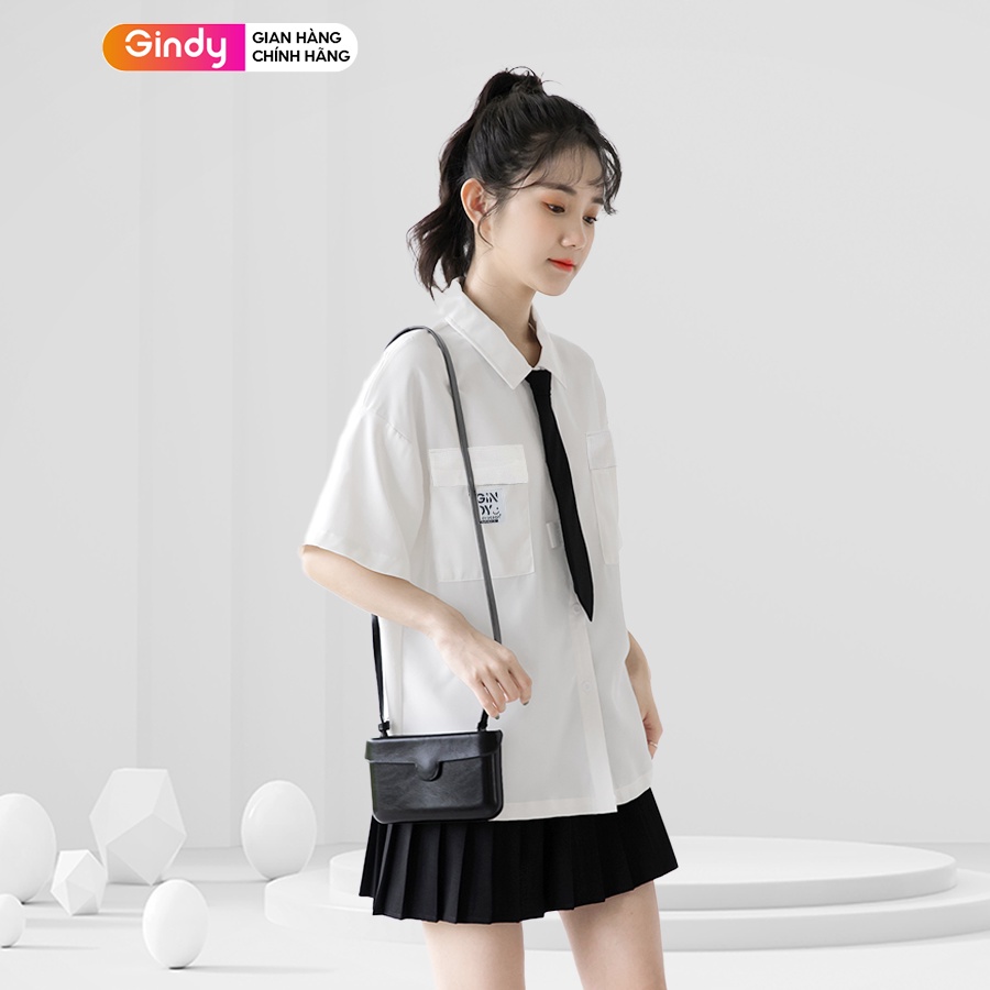 Áo sơ mi nữ tay lỡ GINDY cổ bẻ cà vạt chất kate form rộng dáng suông thời trang sơmi công sở, sơmi học sinh  A11120