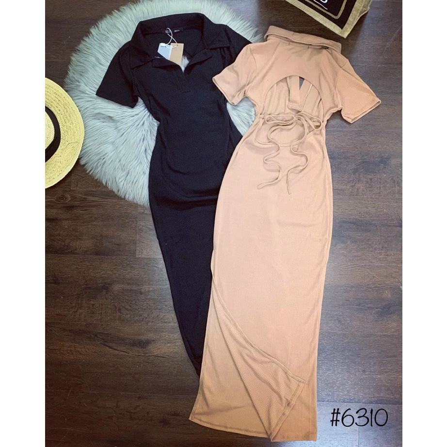 đầm body cổ bẻ thun gân đan dây lưng kèm mút