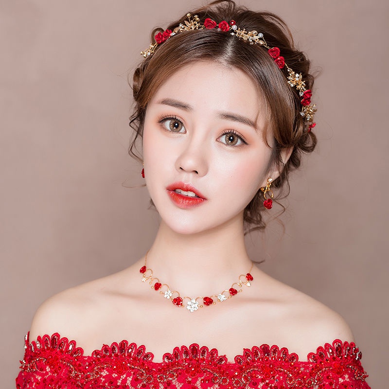Phụ kiện cài tóc cô dâu màu đỏ phong cách Hàn Quốc đơn giản