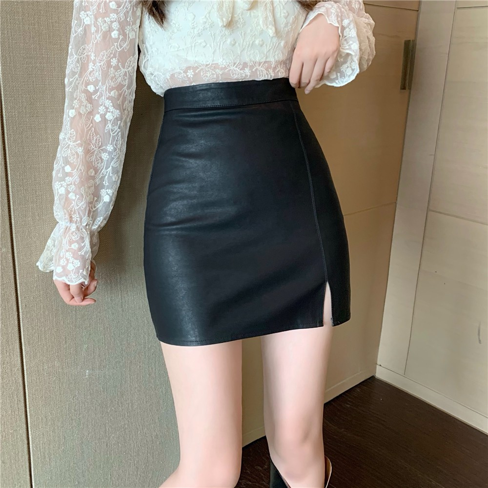 Chân váy da lưng cao màu trơn xẻ tà phong cách quyến rũ | BigBuy360 - bigbuy360.vn