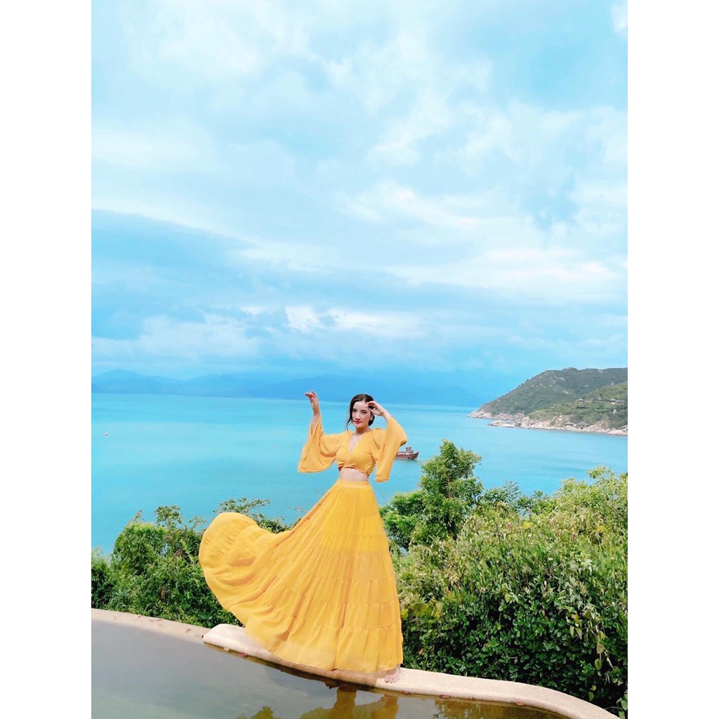Set váy maxi tay loe nhíu tầng chụp hình sống ảo phong cách thời trang XUKA-DRESS MT037