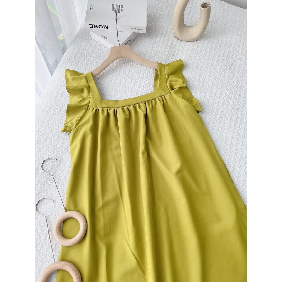 Đầm Nữ Màu Xanh Bơ - Váy Suông Nữ Tay Cánh Tiên Form Dáng Rộng Rãi Bầu Bí Bon Chen.