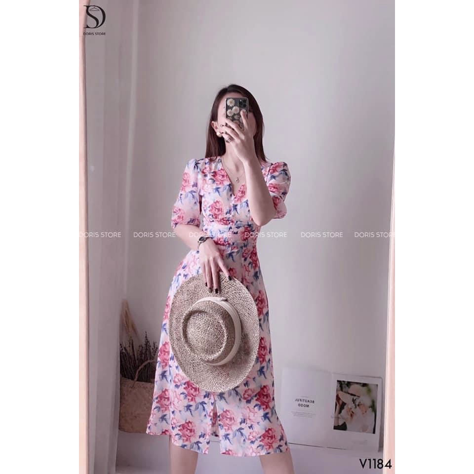 VÁY TƠ HOA HỒNG CỔ V LI EO CÚC NGỌC | BigBuy360 - bigbuy360.vn