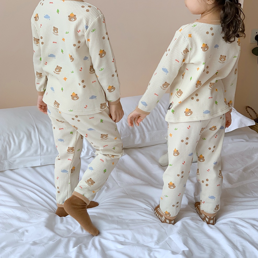 Set quần áo sơ sinh dài tay vải cotton tổ ong mặt gấu họa tiết bắt mắt, Bộ quần áo bé trai và bé gái mềm mại thoáng mát