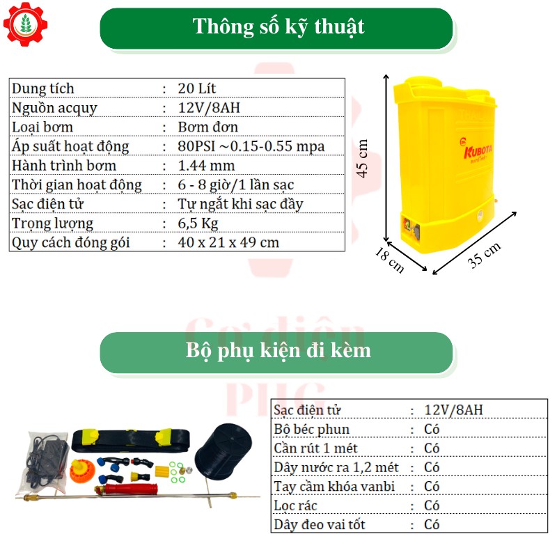 Bình xịt điện khử khẩn KUBOTA 20L 12V 8AH | 1 bơm | Công nghệ Thái Lan | Bình xịt khử khuẩn | Bình phun thuốc