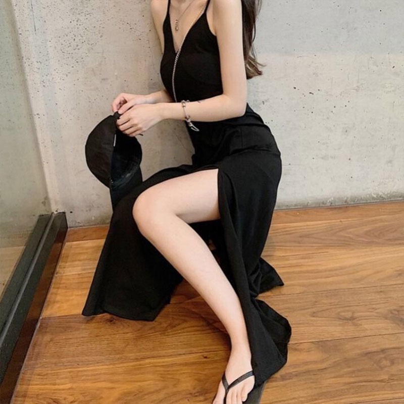 Đầm hai dây dài XINLANYASHE tay phồng cổ chữ V màu trơn quyến rũ phong cách Hàn Quốc thời trang đi biển dành cho nữ