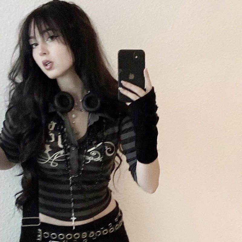 Dark punk striped lapel Buckle Street hot girls mid-long sleeve T-shirt slim thread short slimming top summer qXco