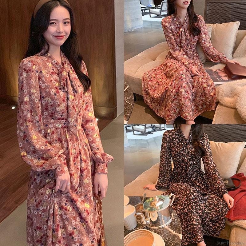 Đầm Tay Dài Chất Chiffon Hoạ Tiết Hoa Thiết Kế Phối Nơ Nữ Tính