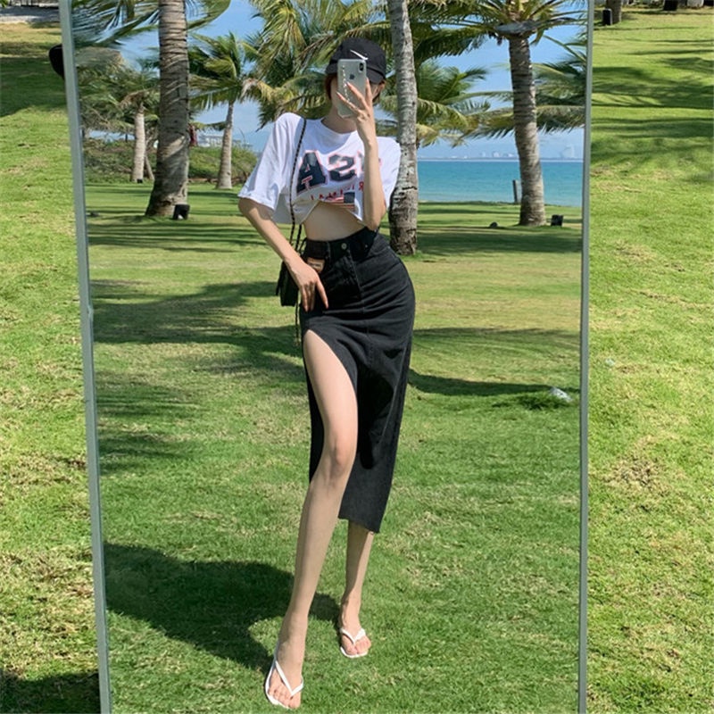 Set Áo Thun Ngắn Tay Và Chân váy jean Xẻ Tà Thời Trang Dành Cho Nữ