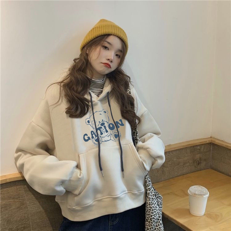 Áo sweater ngắn dáng rộng vải nhung dày dặn phong cách Hàn Quốc thời trang thu đông cho nữ