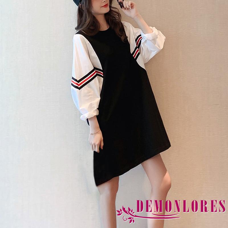 Đầm ngắn cổ tròn tay dài phối màu tương phản thời trang cho nữ