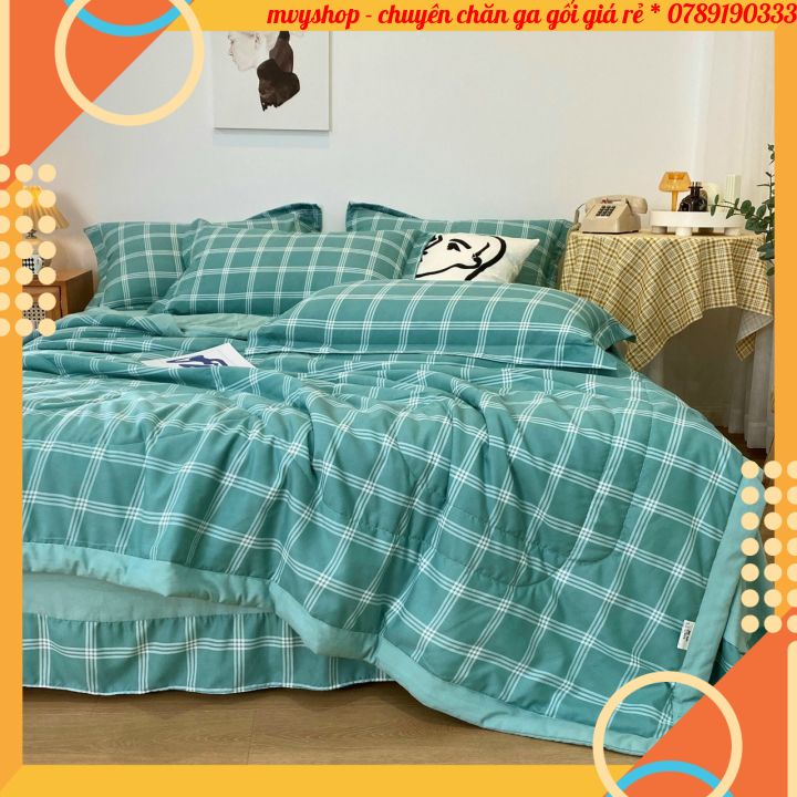 Bộ chăn ga gối đũi Hàn Quốc, sét 4 món chăn Trần hè ga gối đũi kẻ xanh cao cấp