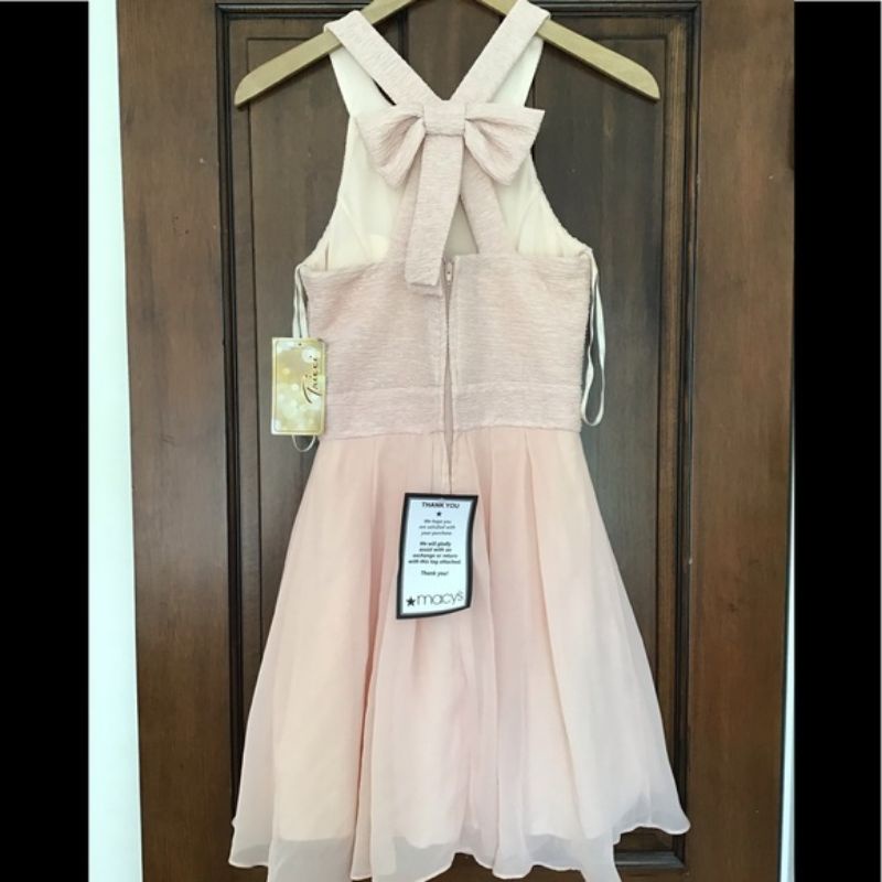 Đầm dạ hội ngắn mini dress bow back Trixxi VNXK đầm tiệc voan xoè chiffon hồng cổ yếm nơ lưng cutout xuất khẩu dư xịn