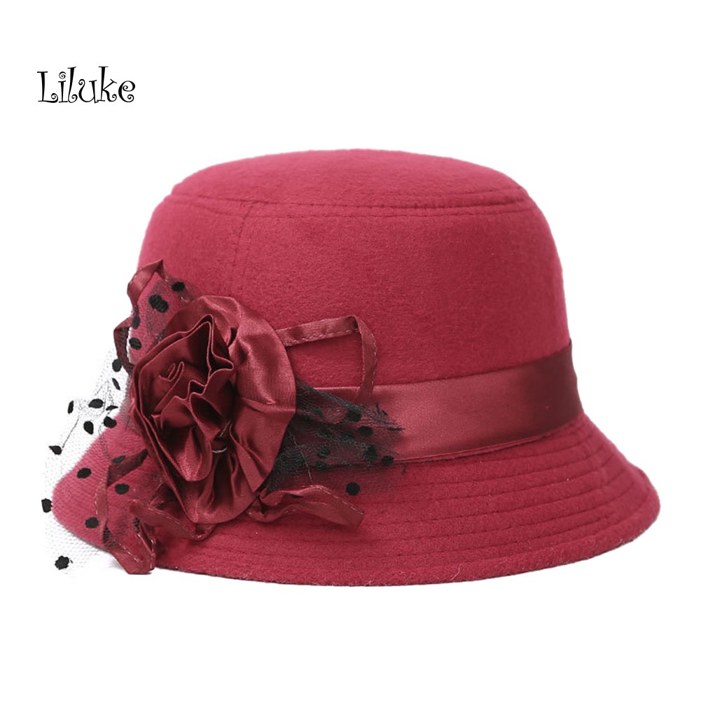 Mũ Bowlercheer Vành Rộng Bằng Len Màu Trơn Đính Hoa Ấm Áp Kiểu Vintage Cho Nữ