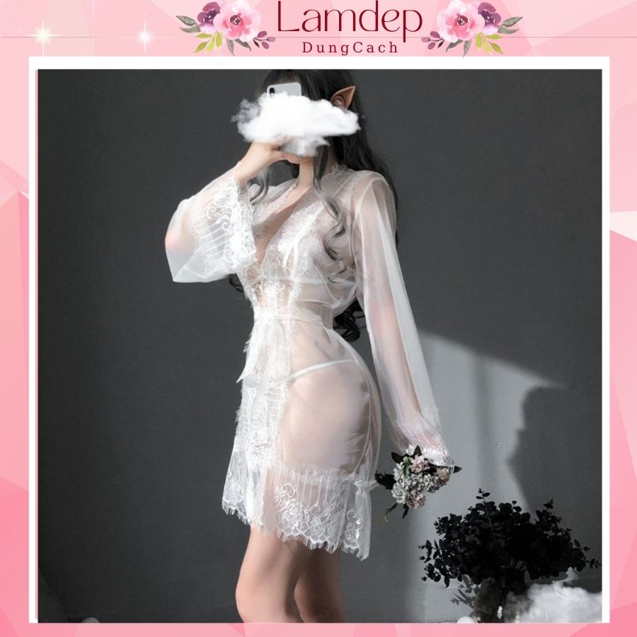 Áo choàng ngủ ren kèm nội y - Váy ngủ xuyên thấu siêu mỏng sexy tay dài gợi cảm CTD1057