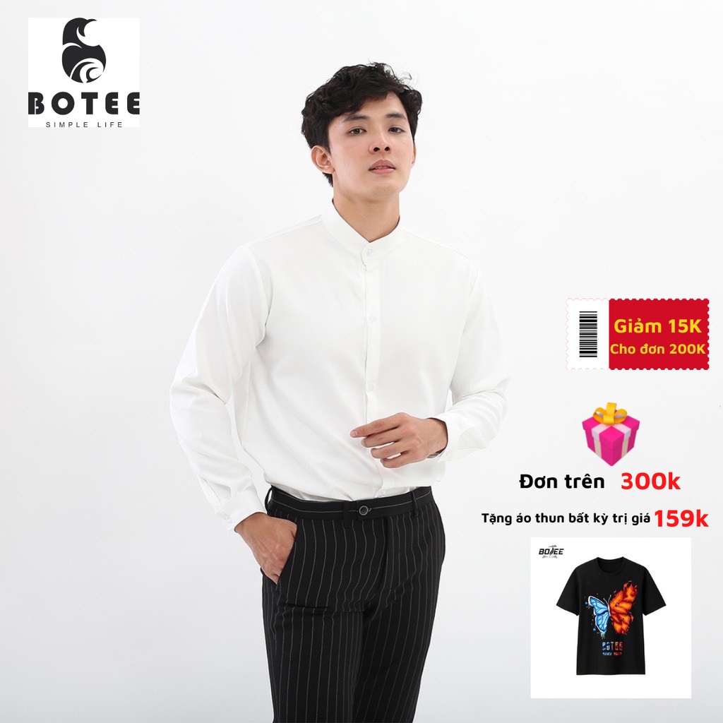 [Mã LT50 giảm 50k đơn 250k] Áo sơ mi nam BOTEE Cổ Tàu màu trắng form rộng dài tay cao cấp