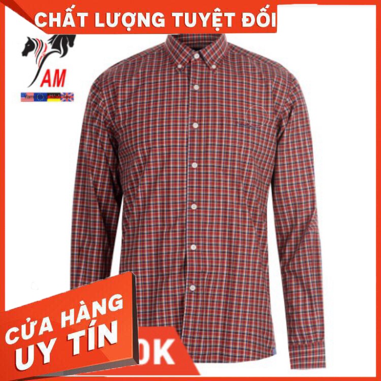 Áo Sơ Mi Nam Dài Tay Pierre Cardin Cotton Long Sleeve Check Shirt Mens ( Đỏ sọc Caro- Xách Tay) - Hàng nhập khẩu